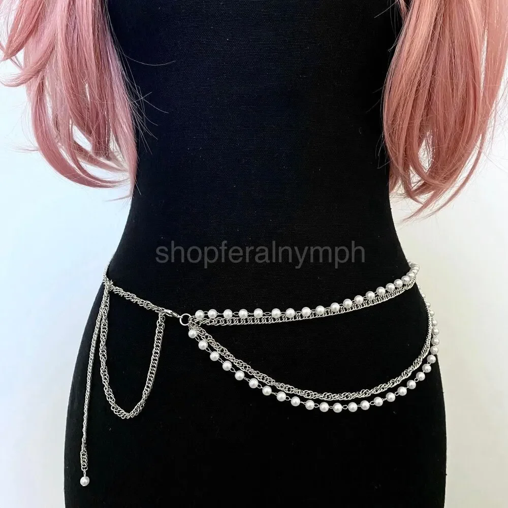 Silver Layered Faux Pearl Draped Waist Chain Belt, Fits 11-39 Inches, X7GA1346